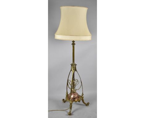 A Late Victorian Copper and Brass Tripod Oil Lamp Stand Now Converted to Electricity with Scrolled Feet, Complete with Shade 