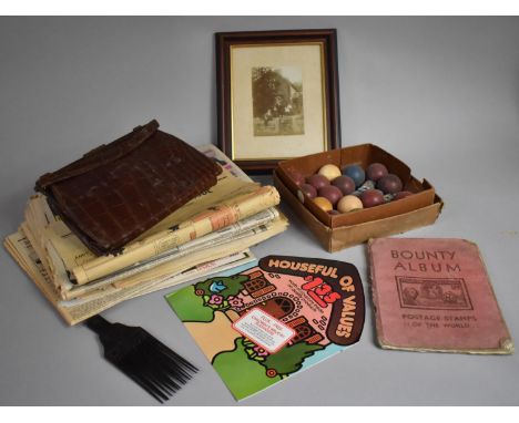 A Collection of Items to Include Crocodile Skin Vintage Handbag, Stamp Album, 1970's Newspapers etc 