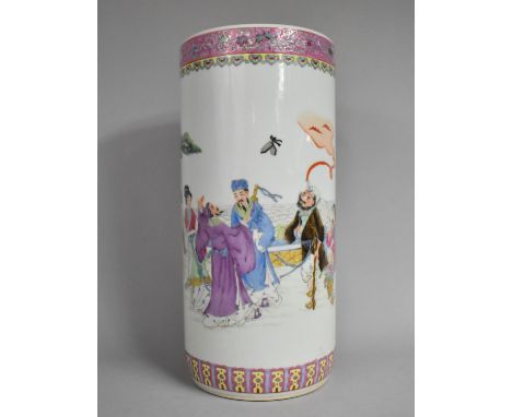 A Chinese Famille Rose Calligraphy Stick Stand, Decorated in Multicoloured Depicting Courtiers in Garden with Pagoda and Will