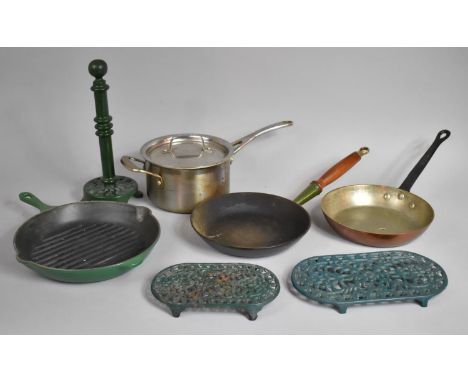 A Collection of Kitchenwares to Include Le Creuset Green Enamelled Non-Stick Frying Pan, Le Creuset Stainless Steel Lidded Sa