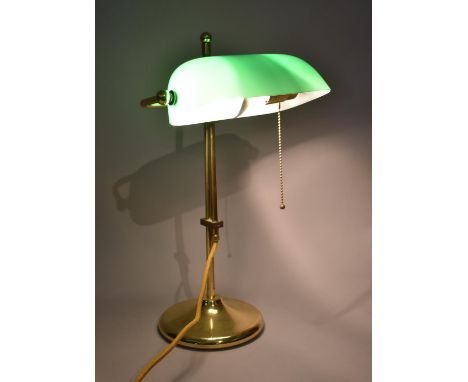 A Reproduction Desktop Brass and Green Glass Reading Lamp with Adjustable Barrel Support and Circular Base 