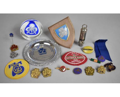 A Collection of Various Vintage and Later Girl Guide Ephemera to include Enamelled Badges, Whistle etc 