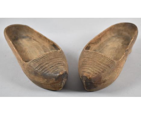 A Pair of Vintage Carved Wooden Clogs, 28cm Long 