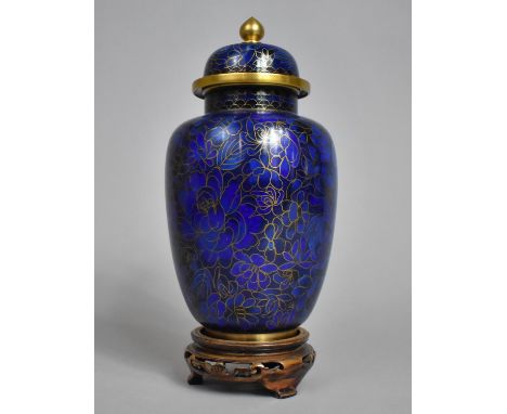 An Oriental Cloisonne Enamel Lidded Vase on Circular Wooden Stand, Vase 20cm high 