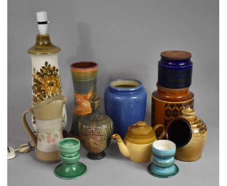 A Collection of Various Glazed Studio Pottery to comprise Jersey Pottery Lamp Base, Jug, Salt Pig, Vases, Hornsea Heirlooms S