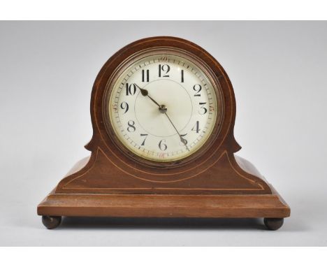 An Edwardian Walnut Cased Mantle Clock with String Inlay and Ball Feet Complete with Key and Working Order, 21cm wide 