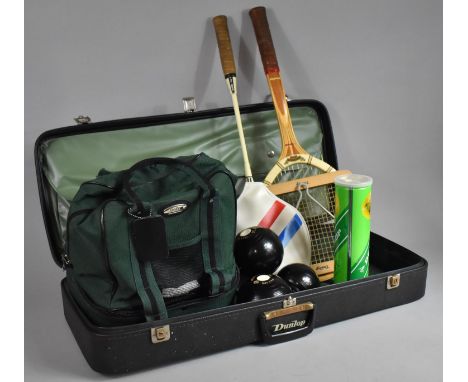 A Vintage Dunlop Case Containing Lawn Bowls, Tennis and Badminton Rackets etc 