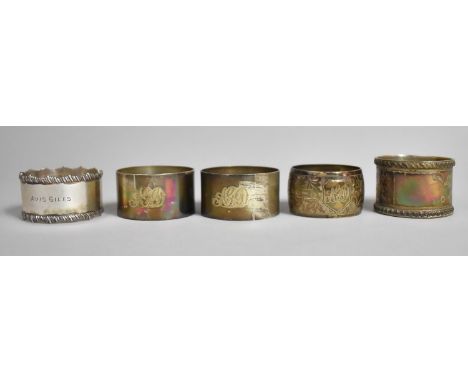 A Collection of Five Various Silver Napkin Rings, Various Hallmarks and Makers to Include Walker &amp; Hall etc, 141g 