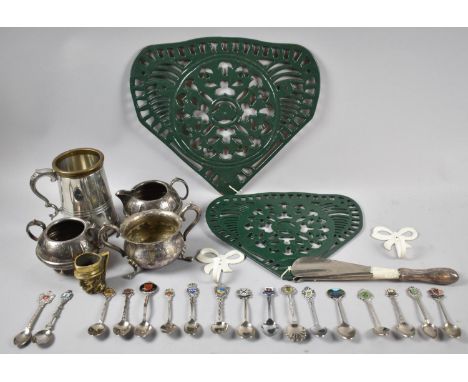 A Collection of Metalwares to Include Souvenir Spoons, Pewter Tankard, Silver Plated Sugar Bowls and Cream Jug, Green Enamel 