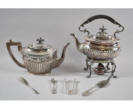 A Silver Plated Spirit Kettle on Stand Complete with Burner together with a Silver Plated Teapot