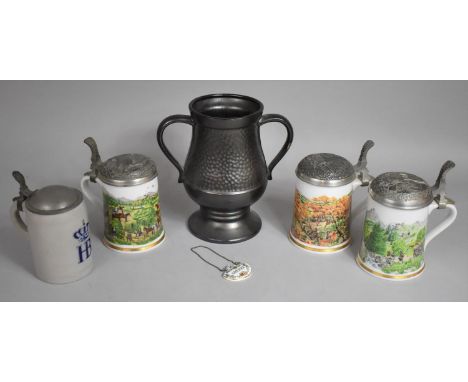 A Set of Three Franklin Porcelain Tankards with Pewter Lids Decorated in relief with Boar and Game Bird Hunting Motif, togeth