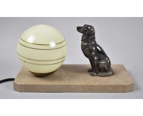 A French Art Deco Night Light in the Form of Seated Dog Beside Globe Shade on Rectangular Marble Plinth, 23x10cm 