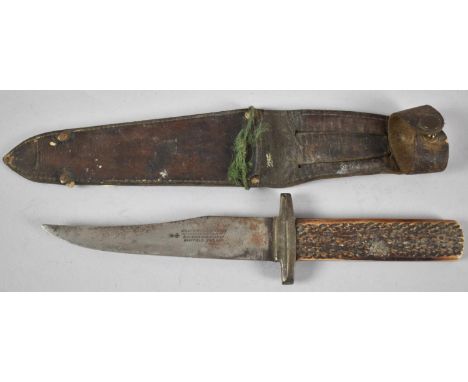 A Vintage Bone Handled Bowie Knife By Rodgers in Leather Scabbard, 24cm Long 