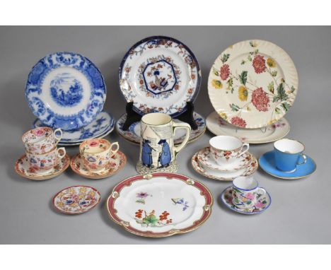 A Collection of Various 19th Century and Later Items to comprise Transfer Printed Plates, Coalport Gilt White and Blue Saucer