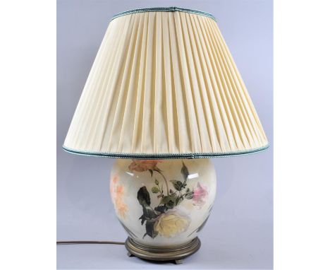 A Large Ceramic Vase Shaped Rose Decorated Table Lamp and Shade, Overall Height 61cm 