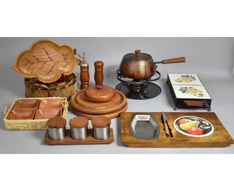A Vintage Fondue Set (No Forks), Chopping Boards, Kitchen Wares, Pepper Grinder Etc 
