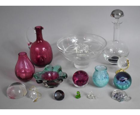 A Collection of various Coloured and Plain Glassware to comprise Large Stuart Glass Bowl with Swirled Decoration, Decanter, C