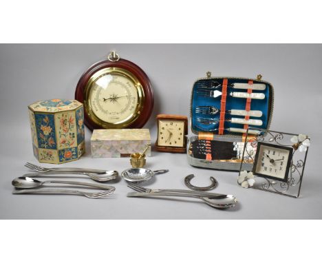 A Collection of Sundries to Include Modern Circular Barometer, Mantle Clock and Alarm Clock, Cutlery etc 
