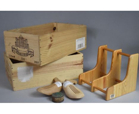 Two Modern Wooden Wine Boxes, Small Shelf and Pair of Shoe Stretchers 