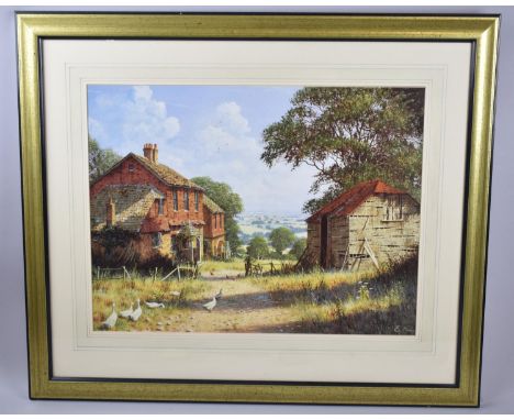 A Framed Coloured Lithograph After E Hersey, Farmhouse and Barn with View, 55x42cm 