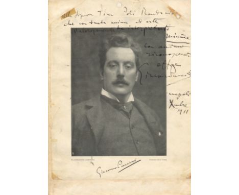 PUCCINI GIACOMO: (1858-1924) Italian Composer. Vintage signed and inscribed 8 x 10.5 printed photograph, being the detached f
