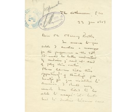 BARRIE JAMES: (1860-1937) Scottish Novelist, created Peter Pan. A good A.L.S.,  J M Barrie, two pages, 8vo, 23rd January 1919