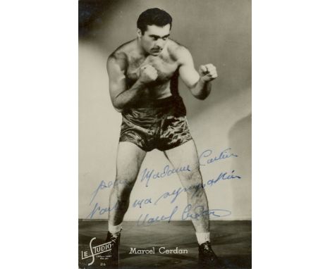 CERDAN MARCEL: (1916-1949) French Boxer, World Middleweight Champion 1948-49. Rare vintage signed and inscribed postcard phot