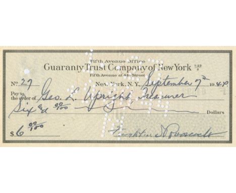 ROOSEVELT FRANKLIN D.: (1882-1945) American President 1933-45. D.S., Franklin D. Roosevelt, being a signed cheque, New York, 
