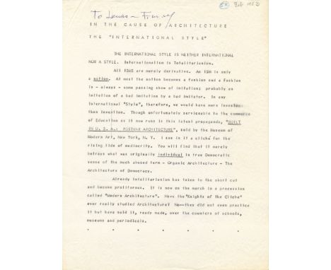 WRIGHT FRANK LLOYD: (1867-1959) American Architect, Designer and Writer. Wright created an architectural philosophy he named 