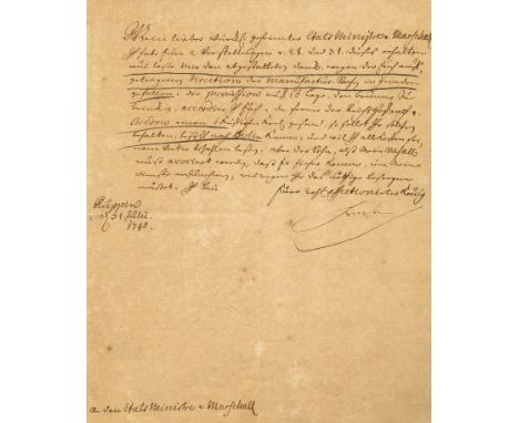 FREDERICK II: (1712-1786) King of Prussia 1740-86, known as Frederick The Great. L.S., Friedrich, one page, 4to, Ruppin, 31st