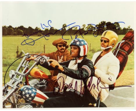 EASY RIDER: A good multiple signed 10 x 8 colour photograph by American actors Peter Fonda (1940- ), Dennis Hopper (1936-2010