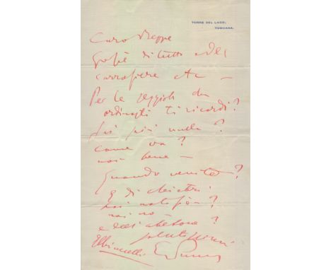 PUCCINI GIACOMO: (1858-1924) Italian Composer. A.L.S, G. `Puccini´, one page, 4to, Torre del Lago, Toscana, 6th July 1907, on