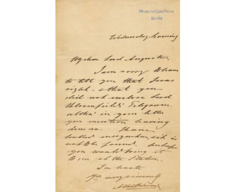 EDWARD VII: (1841-1910) King of the United Kingdom 1901-10. A.L.S., Albert Edward, as Prince of Wales, one page, 8vo, Palais 