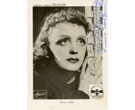 PIAF EDITH: (1915-1963) French Singer. Rare vintage signed and inscribed 5 x 7 photograph of Piaf, the Harcourt image, Paris,