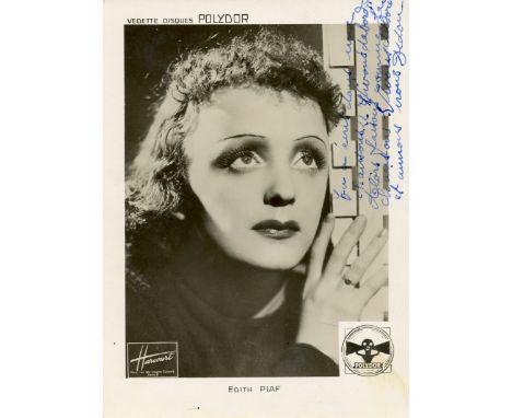 PIAF EDITH: (1915-1963) French Singer. Rare vintage signed and inscribed 5 x 7 photograph of Piaf, the Harcourt image, Paris,