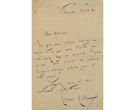 ROLLAND ROMAIN: (1866-1944) French Dramatist &amp; Novelist, Nobel Prize winner for Literature, 1915. A good A.L.S., Romain R