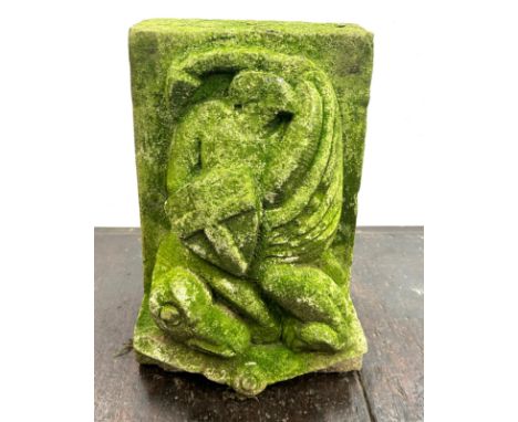 Antique carved stone Corbel - carved with a depiction of St George and the dragon 10 inches wide 14 inches tall 9 inches dept