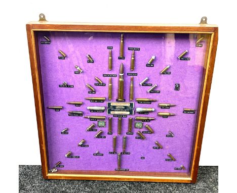 Cased diorama of various used shells / bullets and ammunition 62 cm by 61cm, 