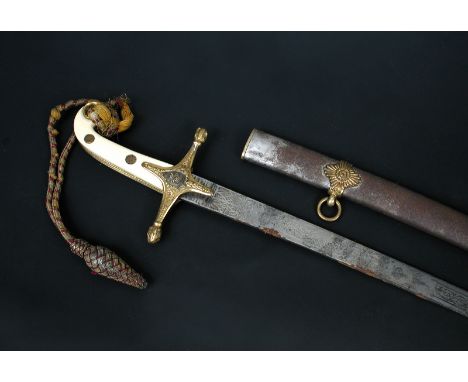 A Victorian officer's Mameluke sword, with ivory grip, etched blade by J B Johnstone, Dawson St, Dublin & London, in steel sc