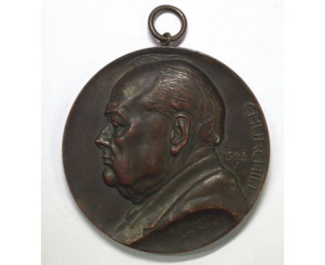 Churchill, 1945 Allied Victory medallion by Loewental, bronze, with added suspension ring, (6.3cm diameter)  