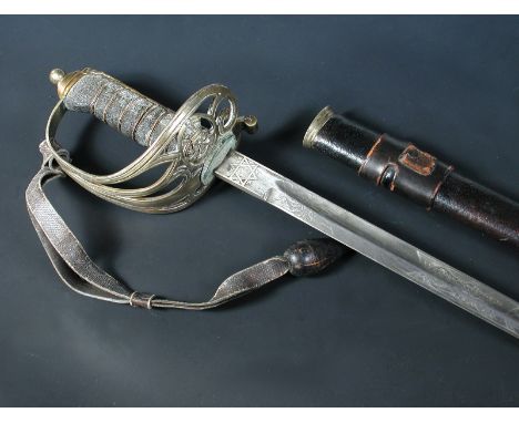 A Rifle Brigade officer's sword and leather scabbard by Hill, Norfolk St., Sheffield, the swept guard with a crowned powder f