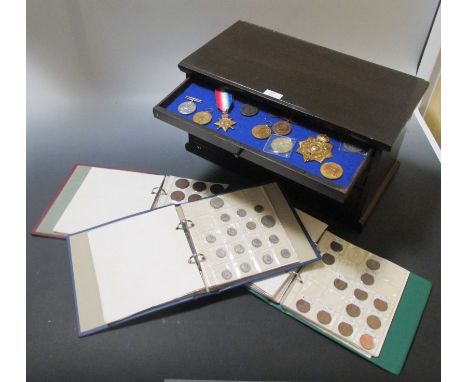 Coin/medal cabinet, Suffolk regiment WWI trio to Pte. R Daines, Royal Marine badge and three others, and GB coins in three al