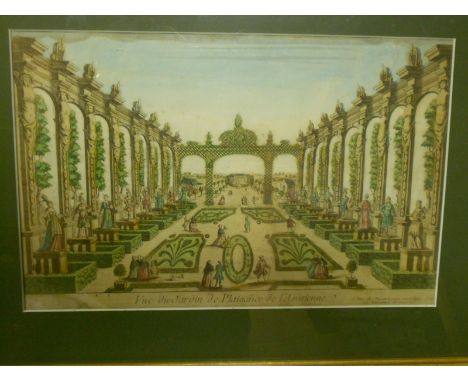 Five botanical themed prints and a mezzotint after Stubbs, Vue du Jardin de Plaisance de l'Axarienne, coloured engraving, 26 