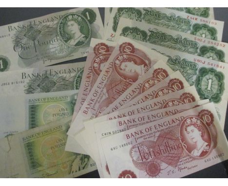 Bank of England £1, with error to serial number, near mint, four mint L K O'Brien £1 notes, seven ERII ten shilling notes and