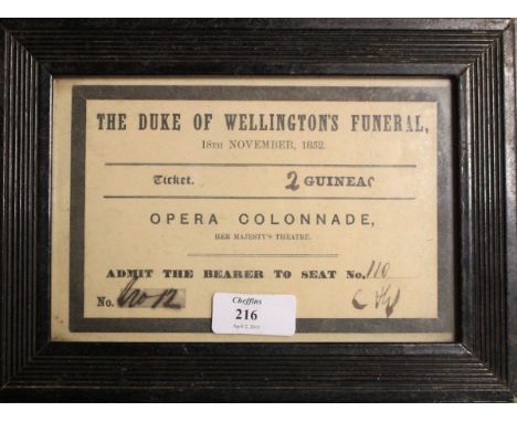 Duke of Wellington's Funeral, 18th November 1852, a framed ticket (two guineas)