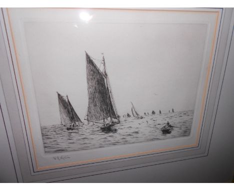 W L Wyllie Fishing Boats Hamilton Bank etching, 17 x 22cm (plate); with   two further etchings signed by Rowland Langmaid  Pl