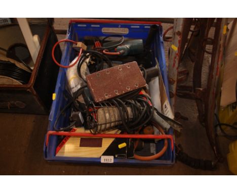 A crate of various tools to include a plane, Black &amp; Decker heat gun, sander etc.