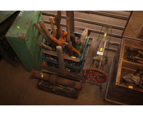 A quantity of various tools, and a vintage mangle