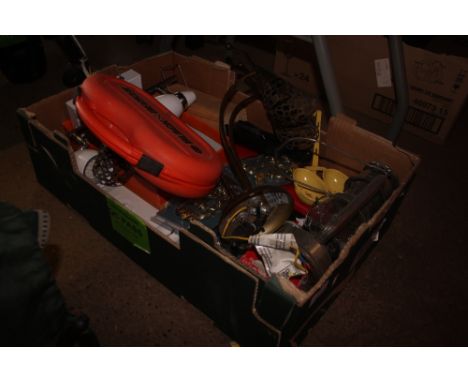 A box containing Black &amp; Decker drill bit set, hurricane lamp, light fittings etc.