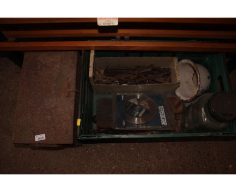 A metal lockbox, together with a crate of various tools etc.